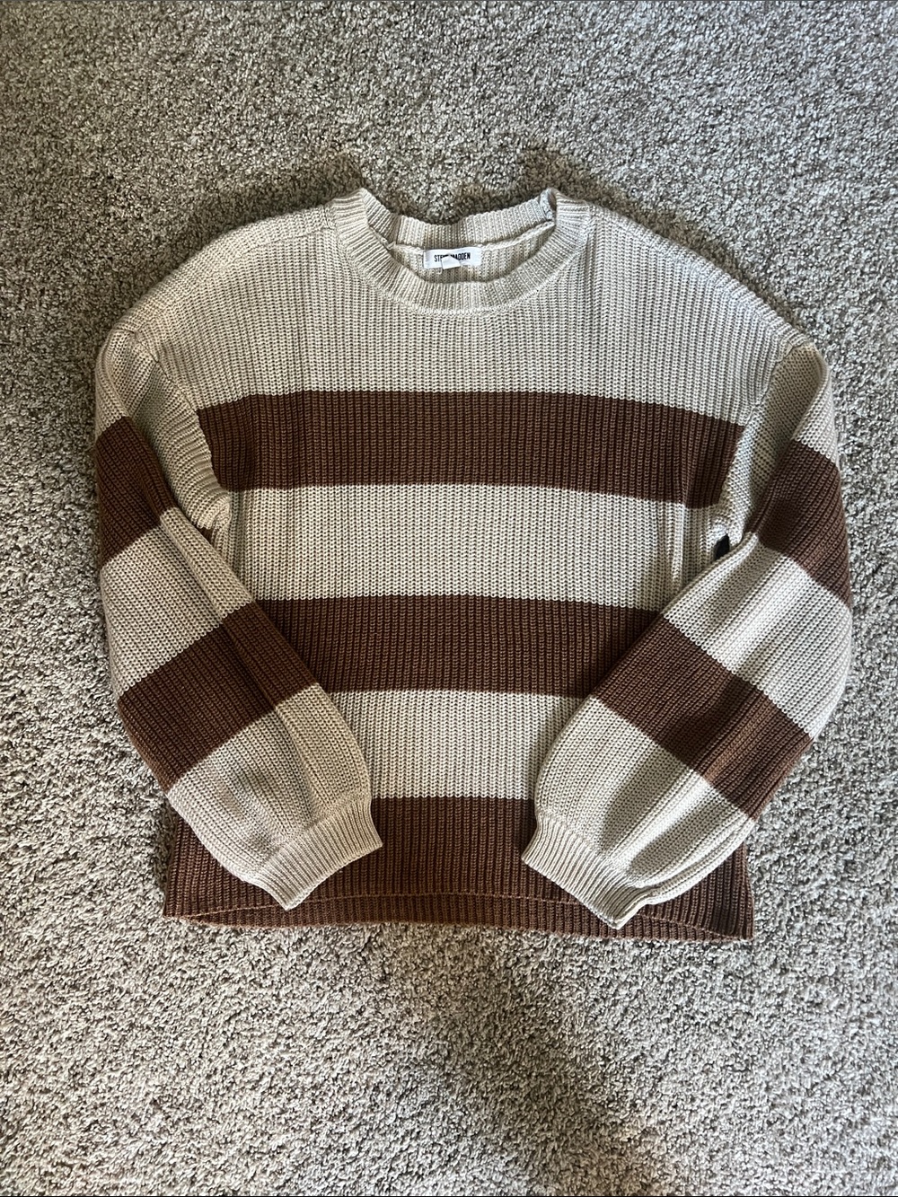 Steve Madden Brown and Cream Striped Crewneck Sweater